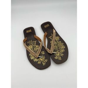 José Womens Beaded Brown Orange Leather Thong-Strap Flat Sandals Size 39
